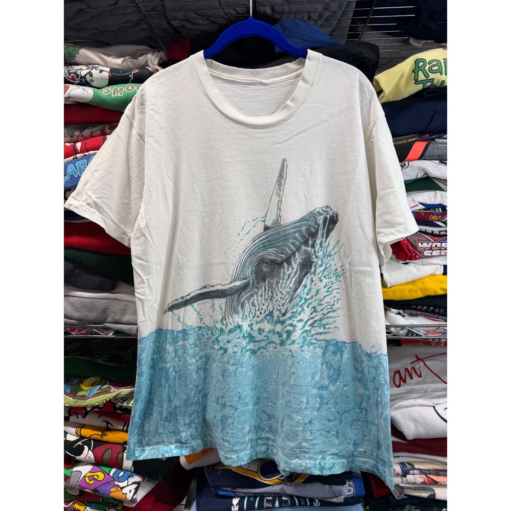 Vintage 1993 Altuf Humpback Whale T-Shirt Single Stitch White Blue 90s Nature